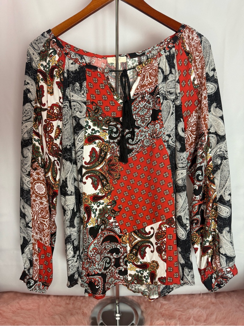 Oddi - Women's Boho Red Patchwork Paisley Long-Sleeve Peasant Top - Size S